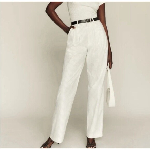 Reformation Oren Pants White Pin Stripe Wide Leg Work Linen Blend Womens 6 - Picture 1 of 14